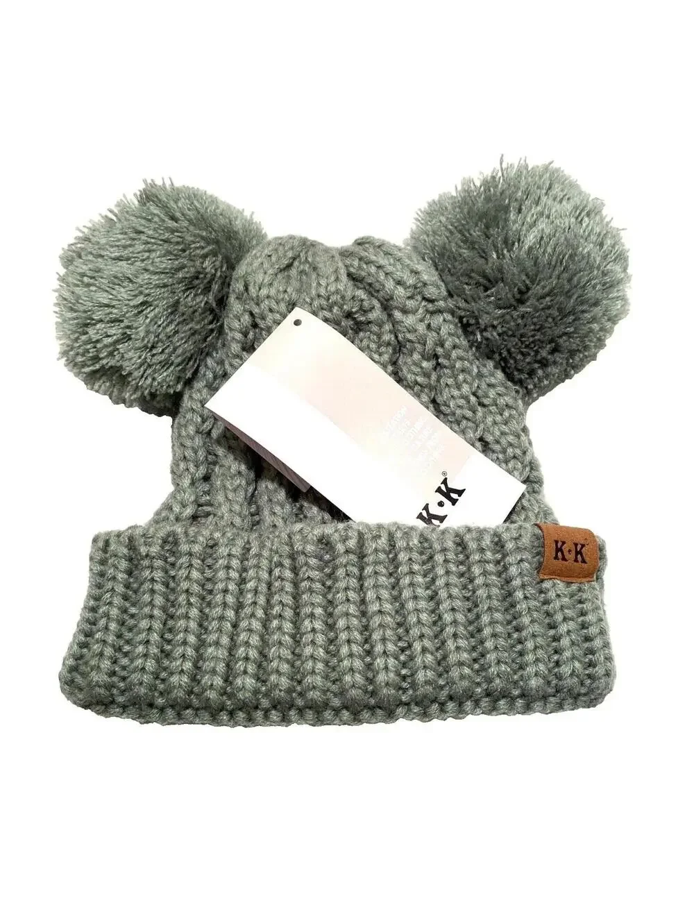 Kids Winter Hat Grey w Pom Pom Ears Cute Thick Warm Knitted Winter Beanie NEW